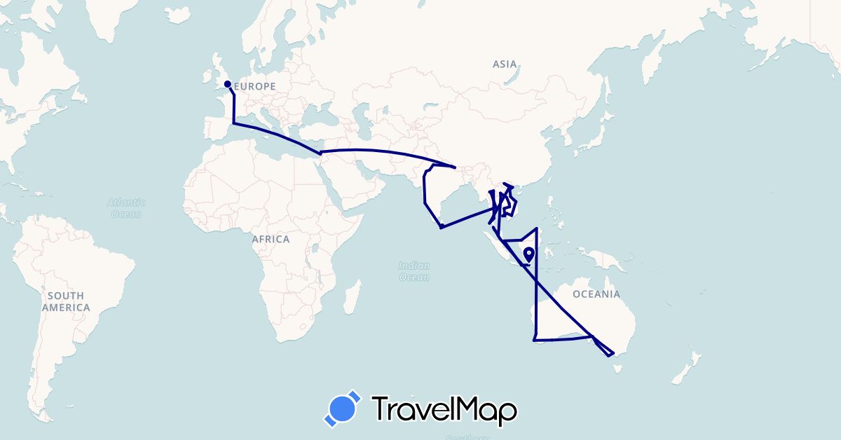 TravelMap itinerary: driving in Australia, Spain, France, United Kingdom, Indonesia, Israel, India, Cambodia, Laos, Sri Lanka, Malaysia, Nepal, Singapore, Thailand, Vietnam (Asia, Europe, Oceania)