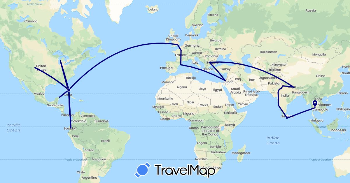 TravelMap itinerary: driving in Bulgaria, Ecuador, Spain, France, United Kingdom, Israel, India, Sri Lanka, Mexico, Nepal, Panama, Thailand, United States (Asia, Europe, North America, South America)